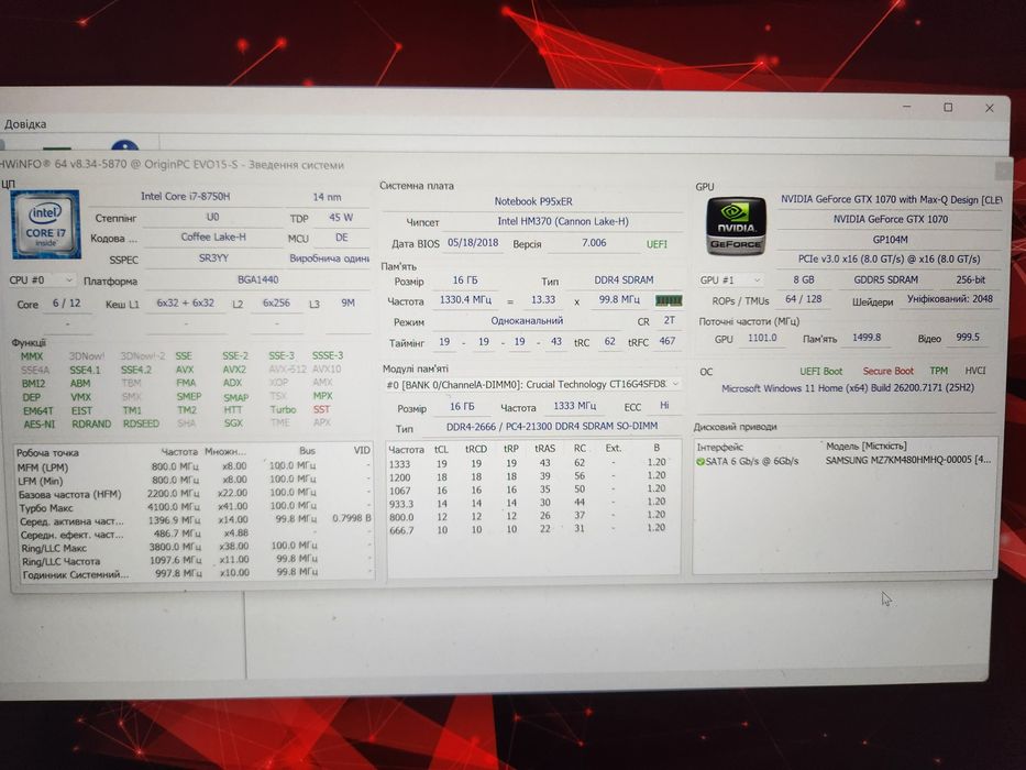 ігровий Clevo P950ER OriginPC EVO 15-S_i7-8750H_GeForce 1070 GTX_15"4K