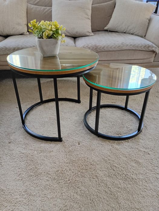 Stoliki kawowe zestaw 2 szt okrągłe ze szkłem ochronnym