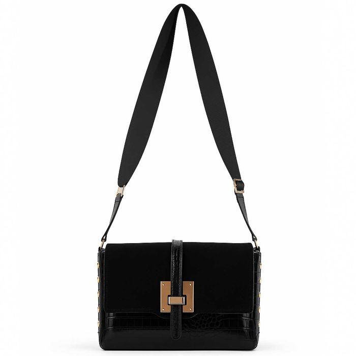 Torebka Damska Listonoszka Na Ramię Czarna Skóra Ekologiczna Zamsz