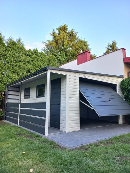 Garaż blaszany blaszak nowoczesny wygląd drewnopodobny