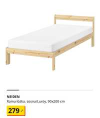 Ikea NEIDEN rama łóżka, materac, łóżko sosnowe jednoosobowe 90x200