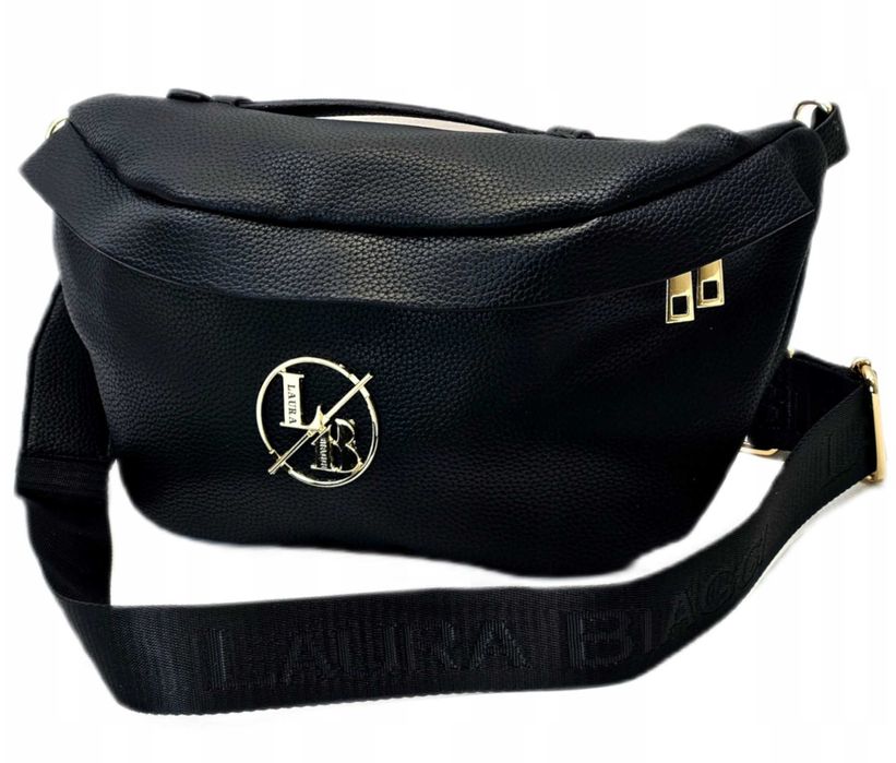 Laura Biaggi Nerka Damska Saszetka Skórzana Czarna Połysk Logo