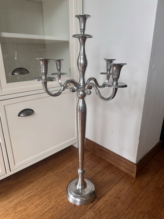 Świecznik 5-ramienny – 80 cm, klasyczny styl, srebrny