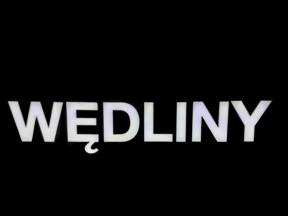 Marketowa reklama świetlna, litery WĘDLINY, podświetlane LED WĘDLINY