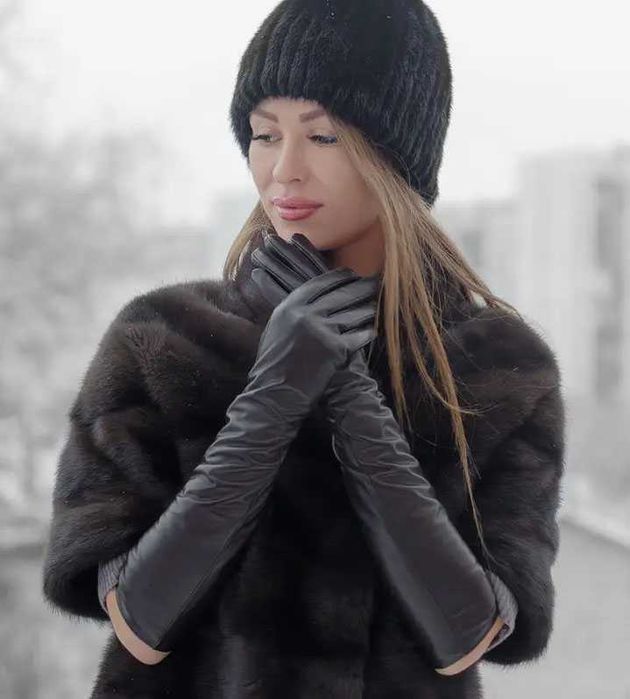 Rękawiczki skórzane damskie długie ciepłe Czarne 40cm L Wrocław