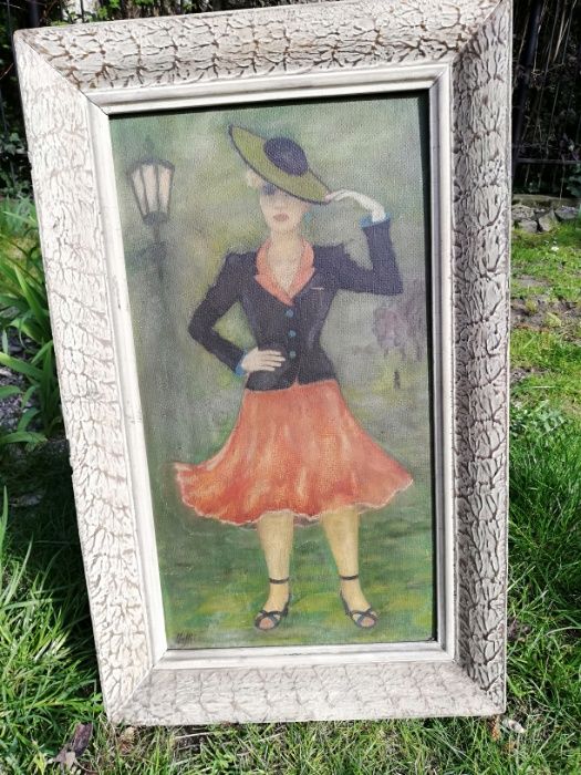Obraz olejny Anna dama z kapeluszem, biała drewniana rama 58x36 cm