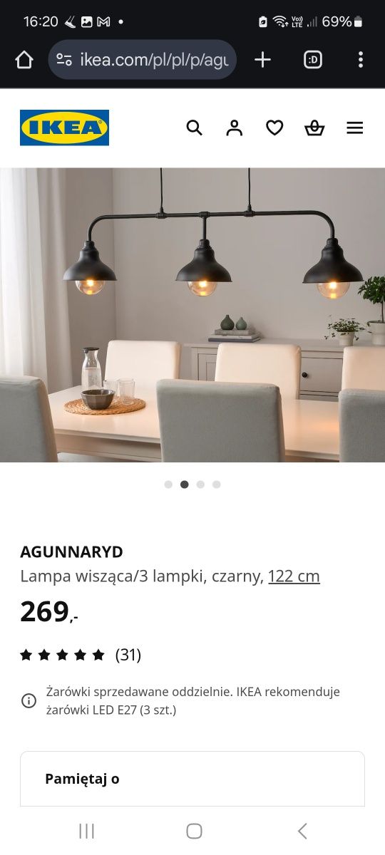 Ikea AGUNNARYD lampa wisząca 
Lampa wisząca/3 lampki, czarny, 122 cm