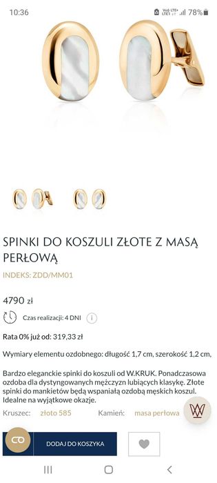 Spinki do mankietów złoto pr. 585 z masą perłową W.KRUK nowe z metką