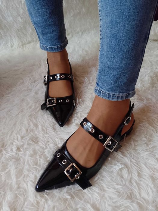 (39/40) Czarne baleriny biznesowe z odkrytą piętą z Londynu, NOWE