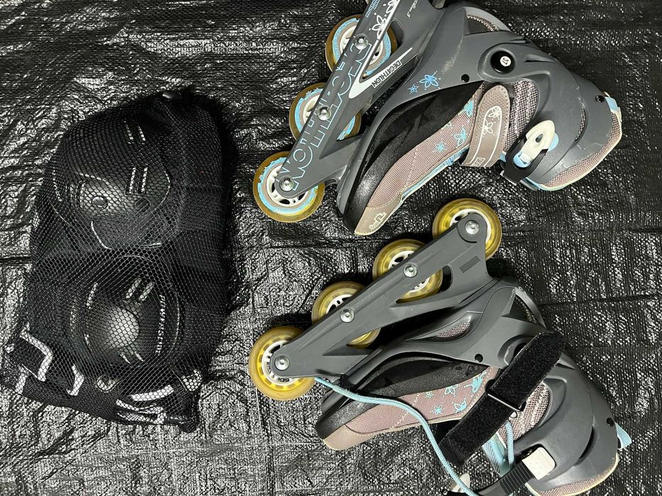 Patins em linha, com proteções e saco para patins