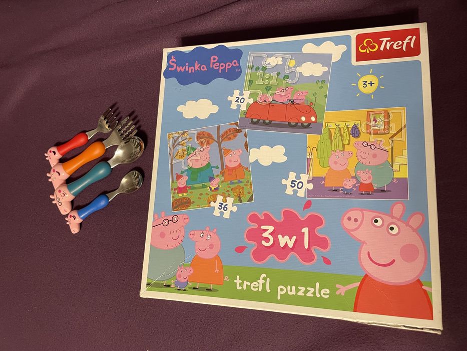 Świnka Peppa - puzzle TREFL 3 w 1 (20, 36, 50 elementow) + sztućce