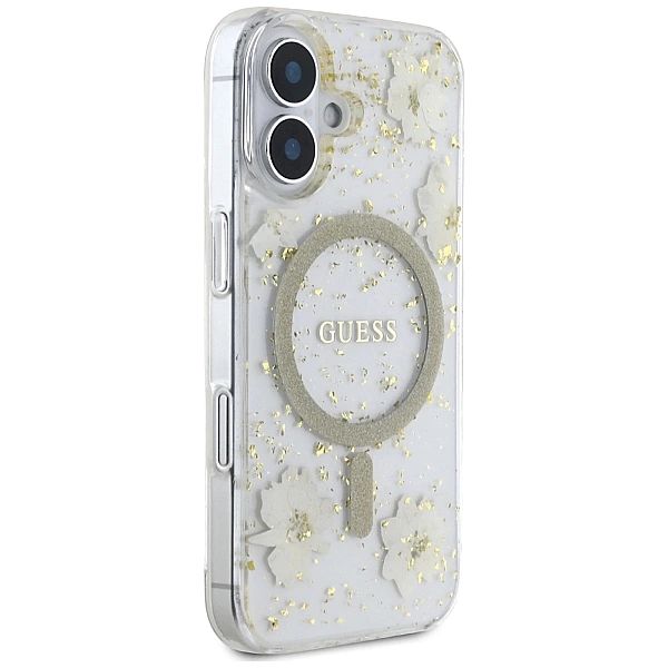 Etui Guess Resin Flowers Glitter MagSafe na iPhone 16 - beżowe