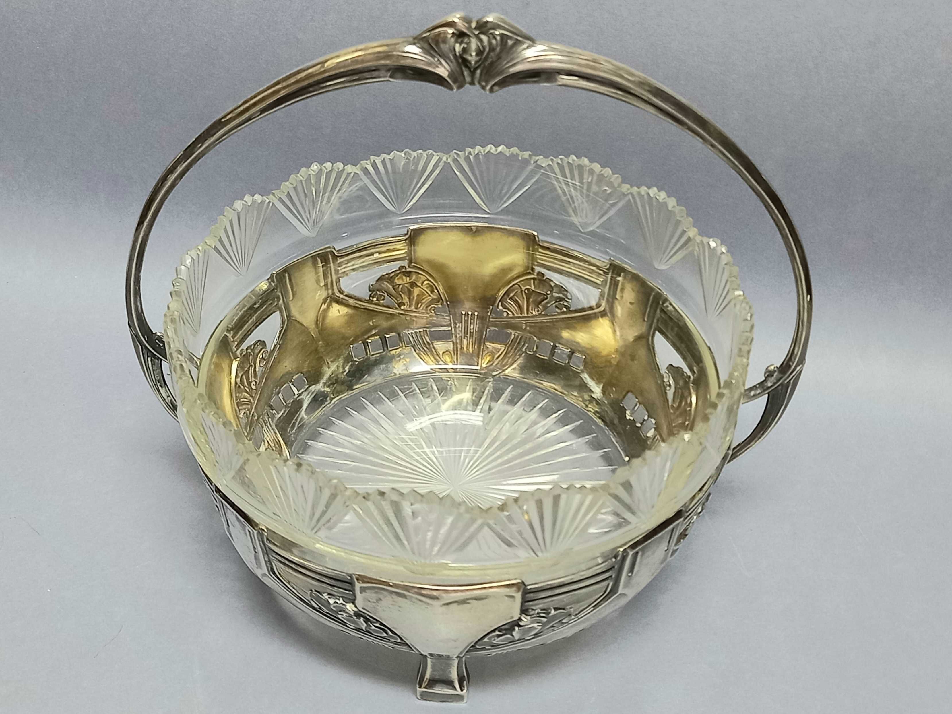 Srebrny koszyczek ze szkłem, XIX w. Niemcy, srebro 925, secesja
