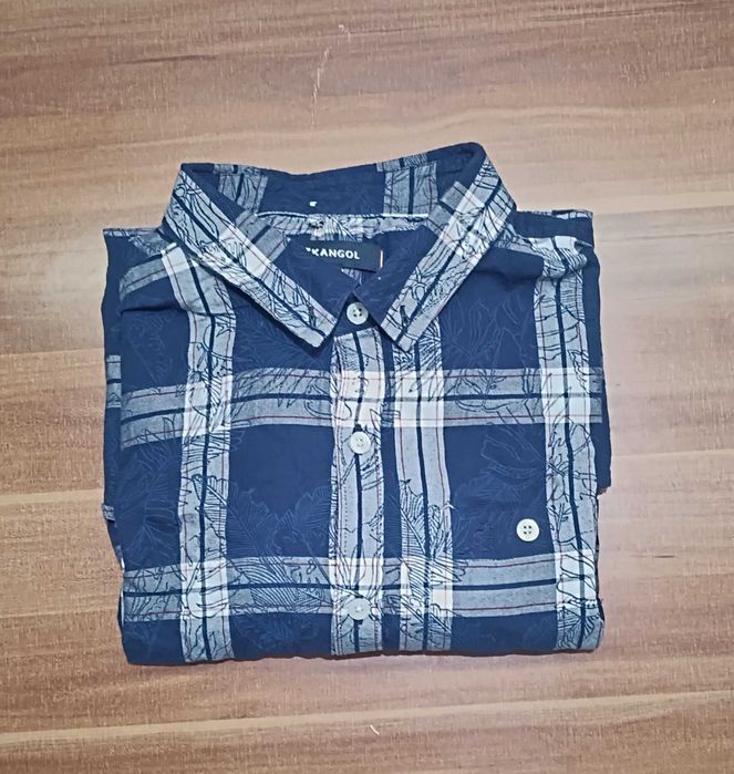 Casualowa koszula męska w kratkę z długim rękawem L bawełna granatowa