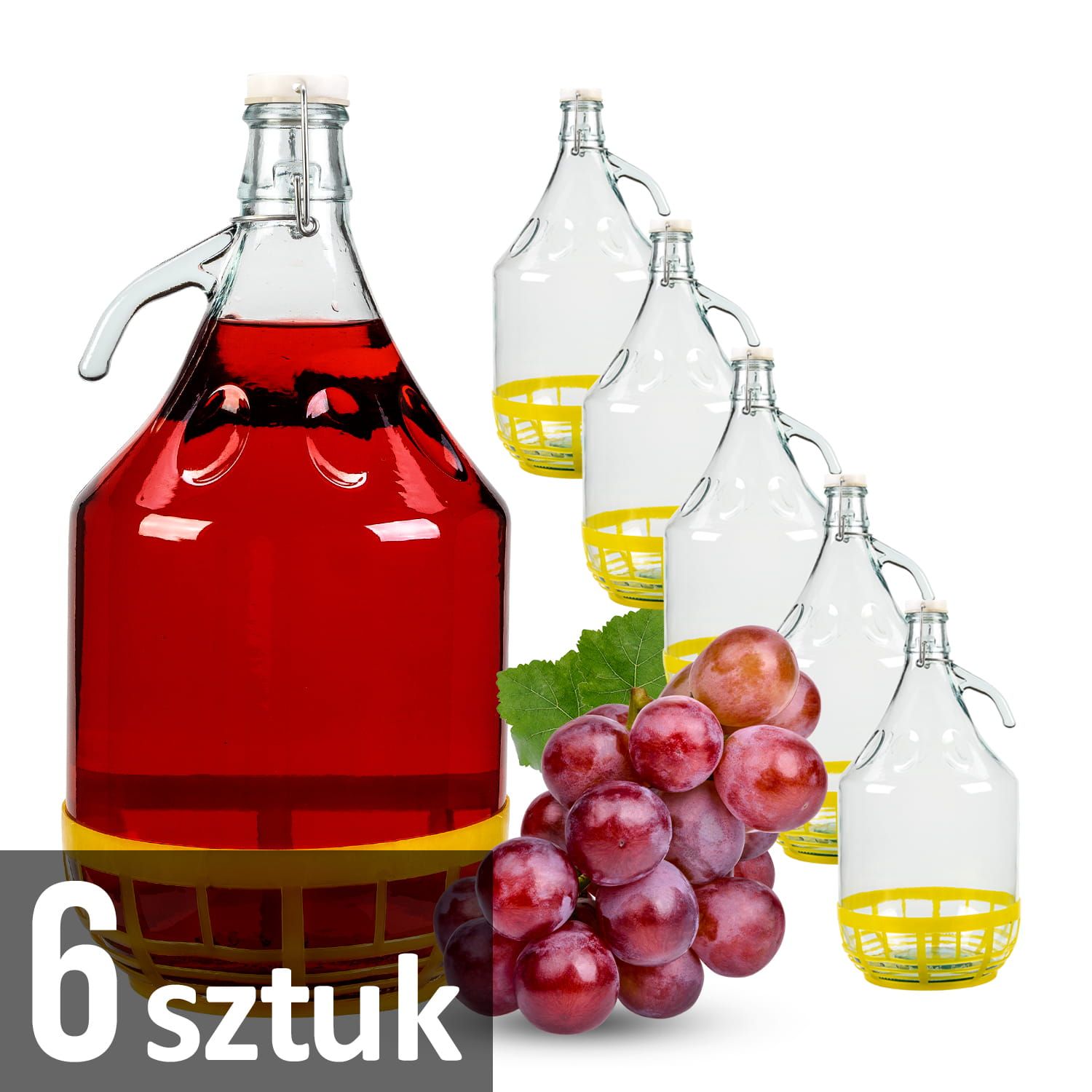 Zestaw 6 szt gąsior 5 l - dama na wino w koszyku + korki mechaniczne