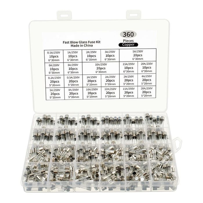 Conjunto de 360 fusíveis de vidro com diversas amperagem NOVO