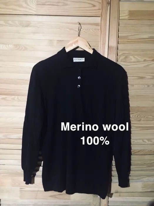 Sweter Marino wool czarny polo z kołnierzem vintage wełna merynosa