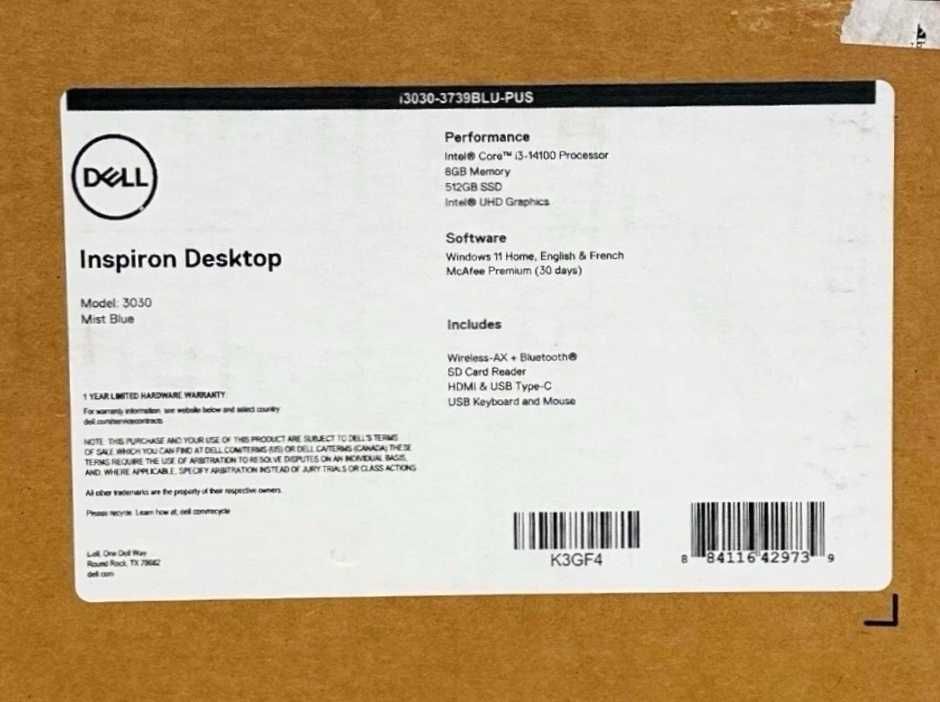 Системний блок Dell Inspiron 3030 i3 14100 ddr5 512gb Kioxia Wi-Fi 6