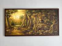 Duży obraz olejny z Kambodży, ręcznie malowany, 140x70, rama drewniana