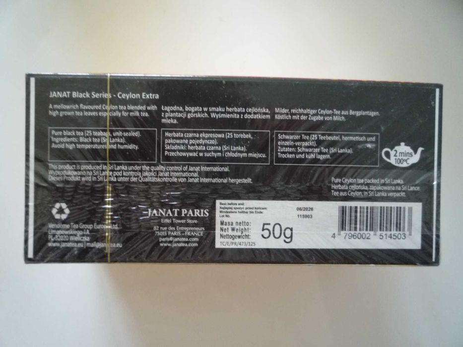 Janat Ceylon Extra cejlońska herbata czarna w saszetkach 25 szt 50g