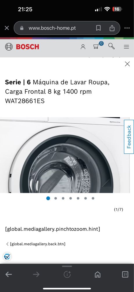 Máquina de Lava Roupa Bosch , Carga Frontal 8 kg 1400 rpm WAT28661ES