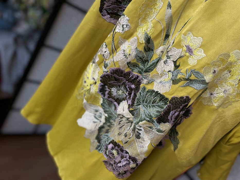 Musztardowa sukienka mini kwiaty haft 42 xl 44 xxl asos luxe wiskoza