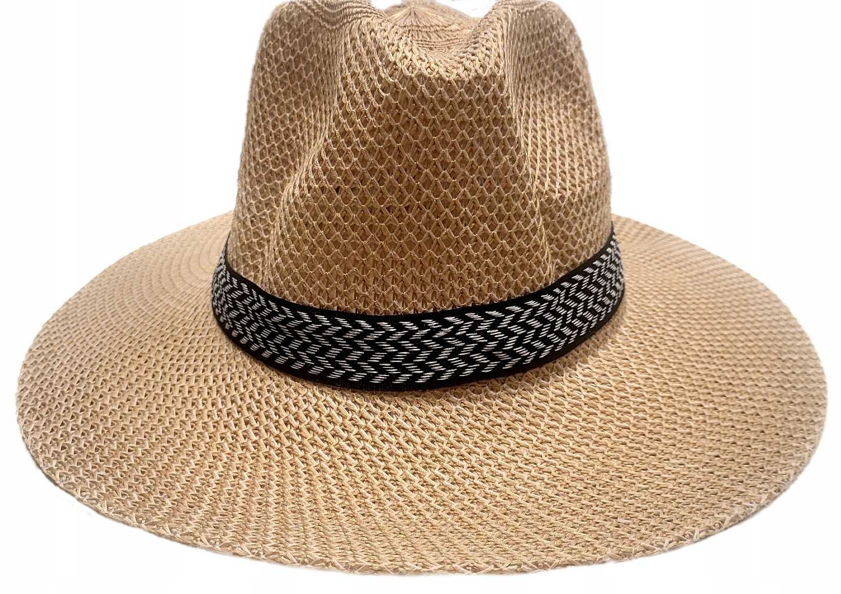 kapelusz lniany fedora letni męski plażowy duży beż z gumką
