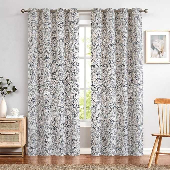 Zasłony okienne vintage 225x130 niebieskie len piękny wzór