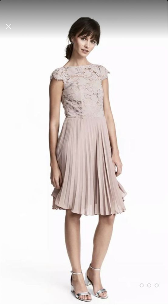 Пудровое розовое платье с гипюром h&m xs s 36