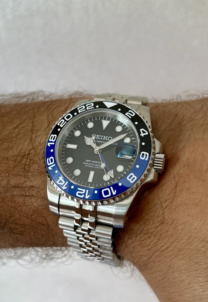 Seiko Batman GMT Mod, dual time, szafir, jubilee, automat