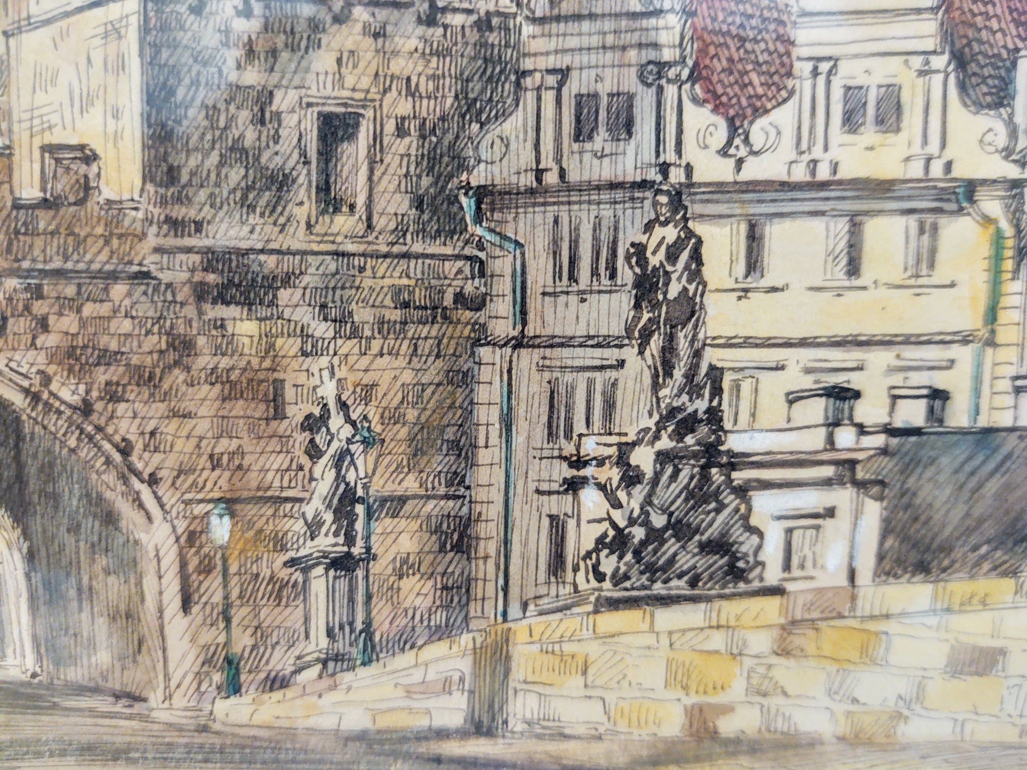 Obraz stary akwarela Praga antyk retro sztuka malarstwo