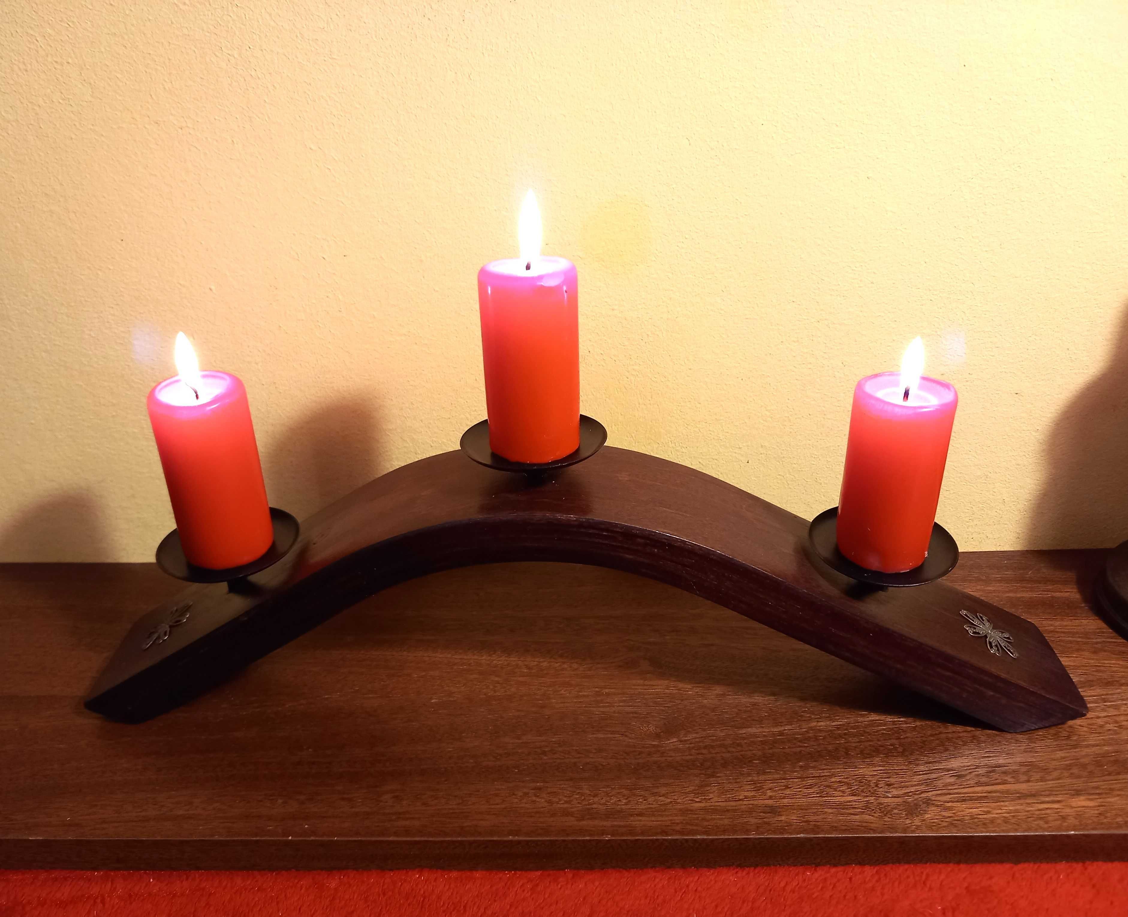 Piękny świecznik drewniany potrójny / VINTAGE rękodzieło DIY