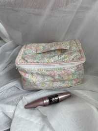 Duża kosmetyczka kuferek na kosmetyki w kwiatki kwiaty Vintage różowy