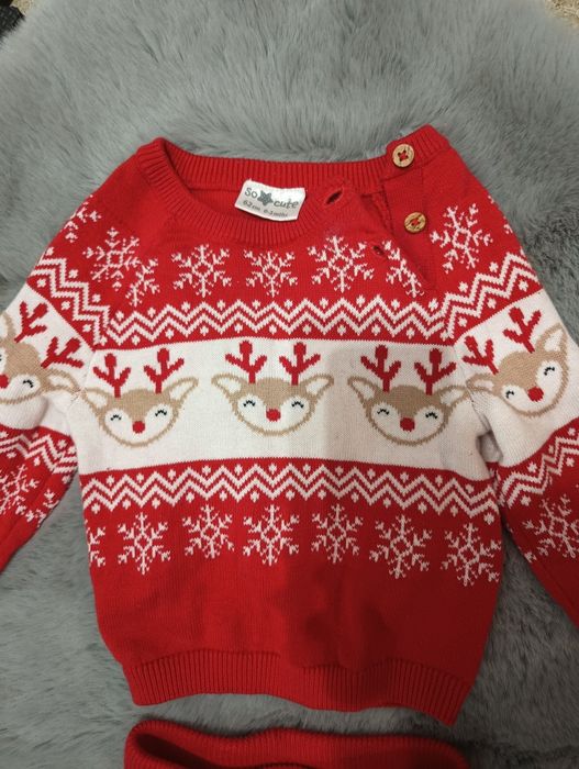 Zestaw 62 sweterek i spodnie czerwone 62 świąteczne renifer ciepły