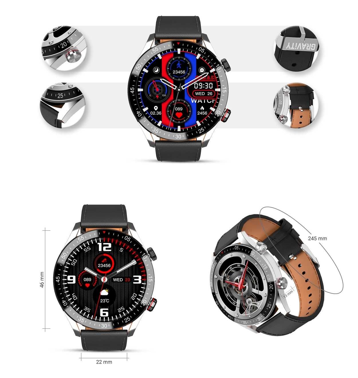 SMARTWATCH GRAVITY GT4-5 Srebny z Czarnym Paskiem Skórzany