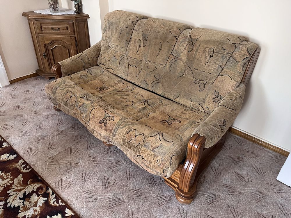 Zestaw wypoczynkowy dębowy - sofa rozkladana + dwa fotele