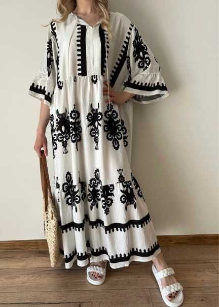 Sukienka długa maxi czarna biała boho lniana bawełna oversize XL