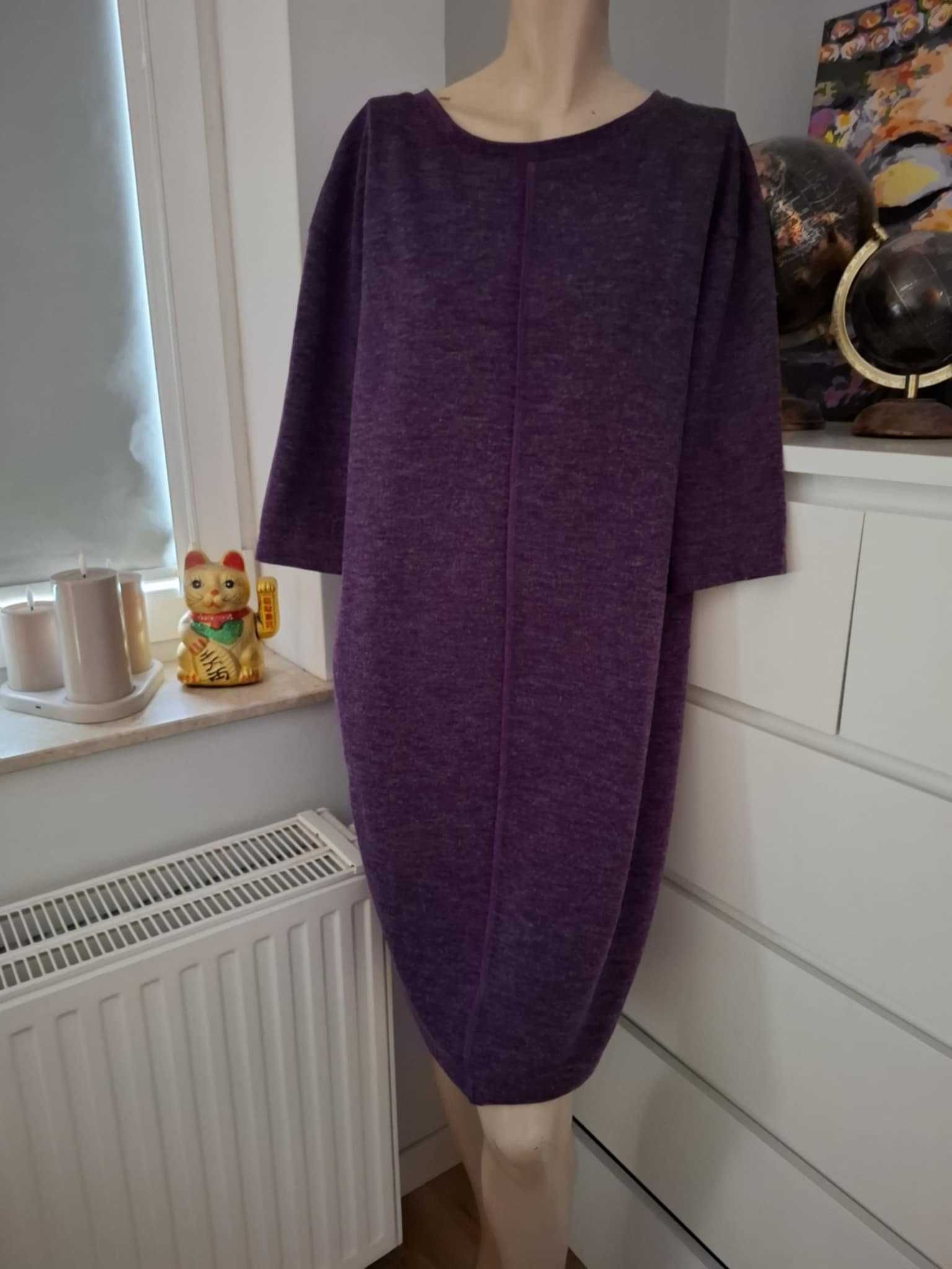 XXXL 46 Jet dzianinowa fioletowa sukienka do pracy do biura elegancka