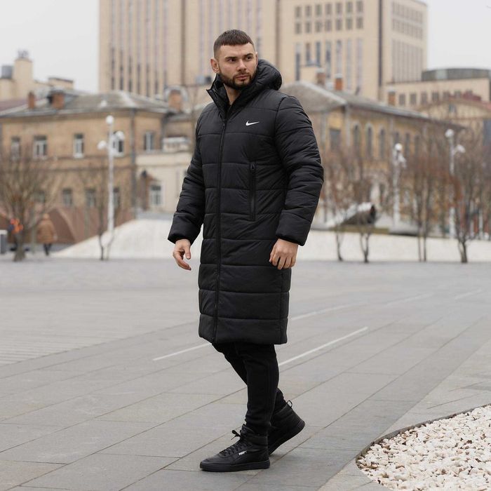 Чоловічий зимовий пуховик подовжений чорний Nike водовідштовхувальний