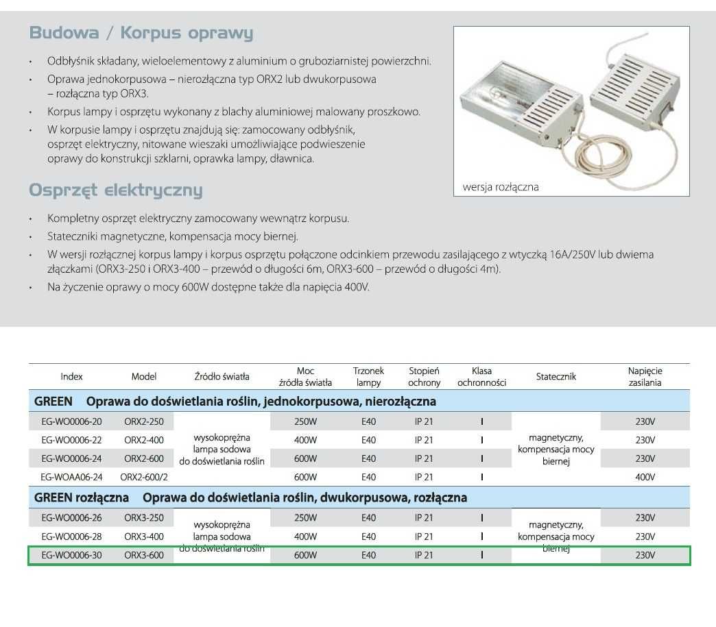 Oprawa szklarniowa do uprawy roślin 600W