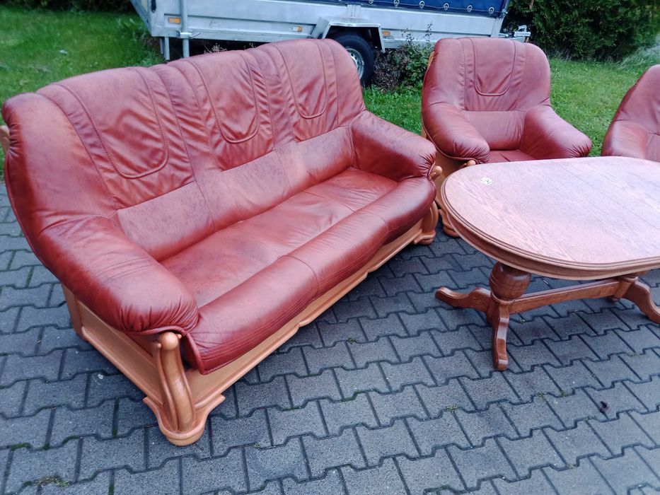 Komplet FLORYDA 3+2+1 i Ława Rozkładana i Podnoszona , Dąb -Skóra Brąz