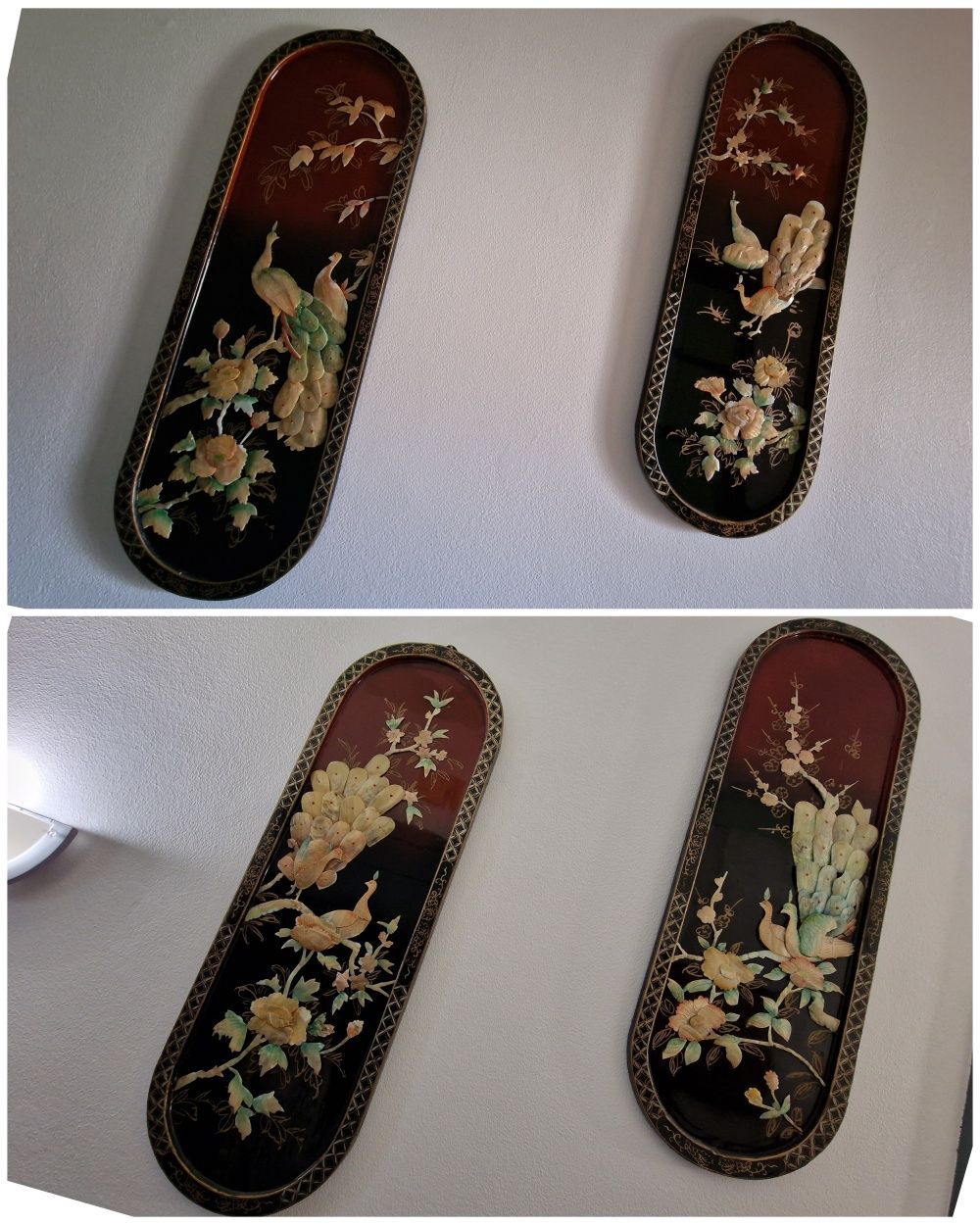 Quadros orientais em laca com madrepérola – conjunto 4 peças