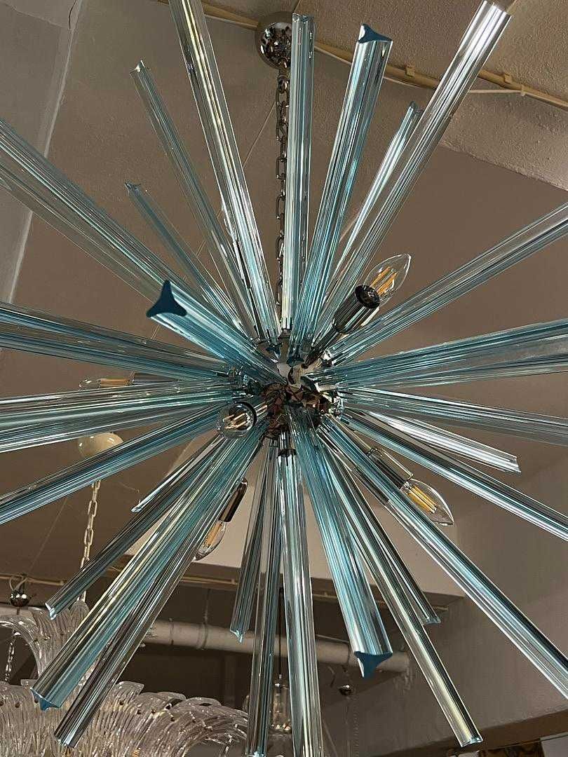 Lustre Sputnik 9 Lumes Vidro Azul e Metal Cromado - Itália Séc. XXI