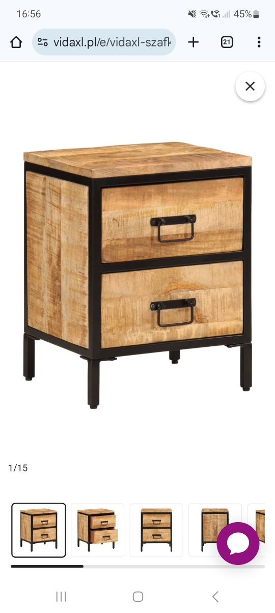 Szafka nocna z 2 szufladami, 40x35x53 cm, surowe drewno mango