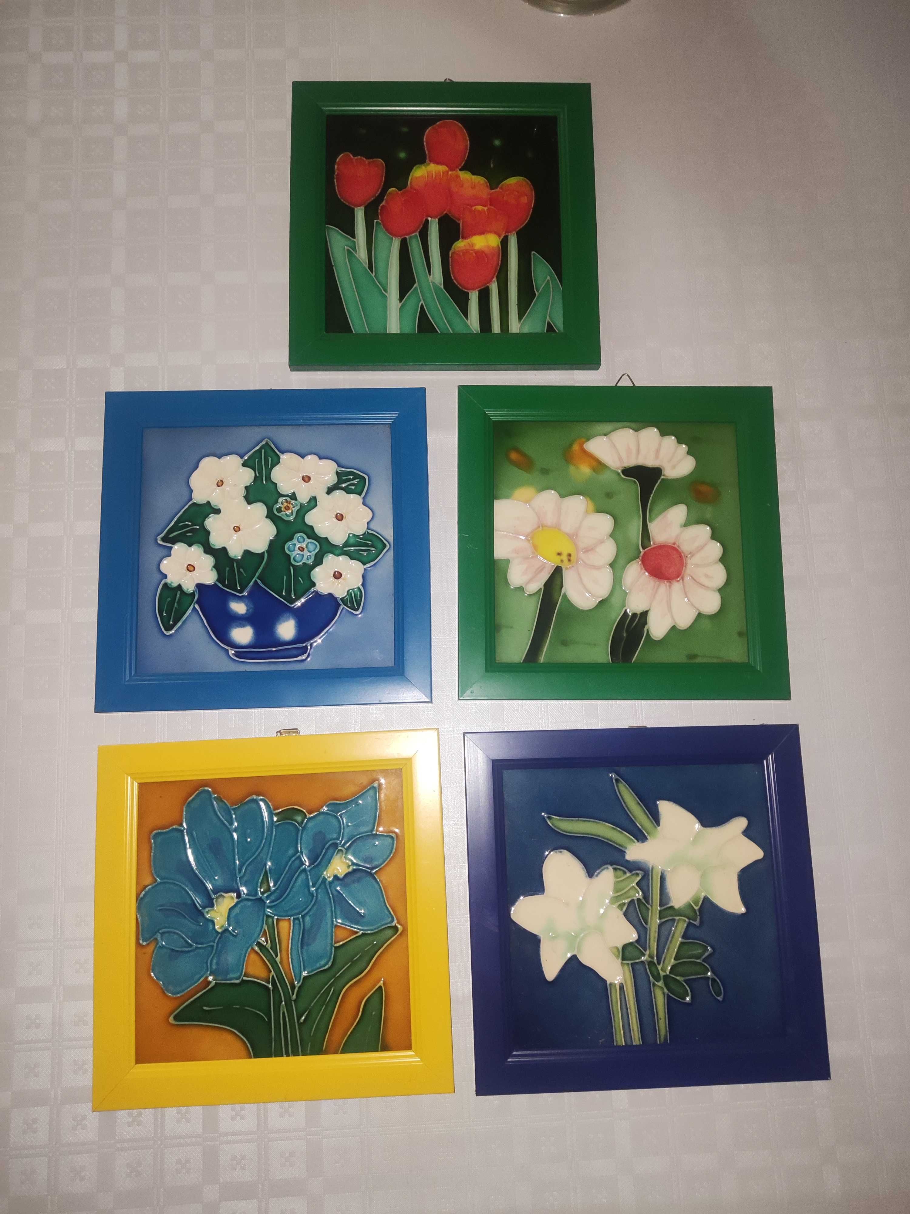 5 sztuk obrazów kwiaty malowane na szkle w drewnianej ramce