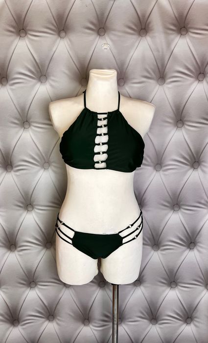 Strój kąpielowy bikini butelkowa zieleń paski L i xl