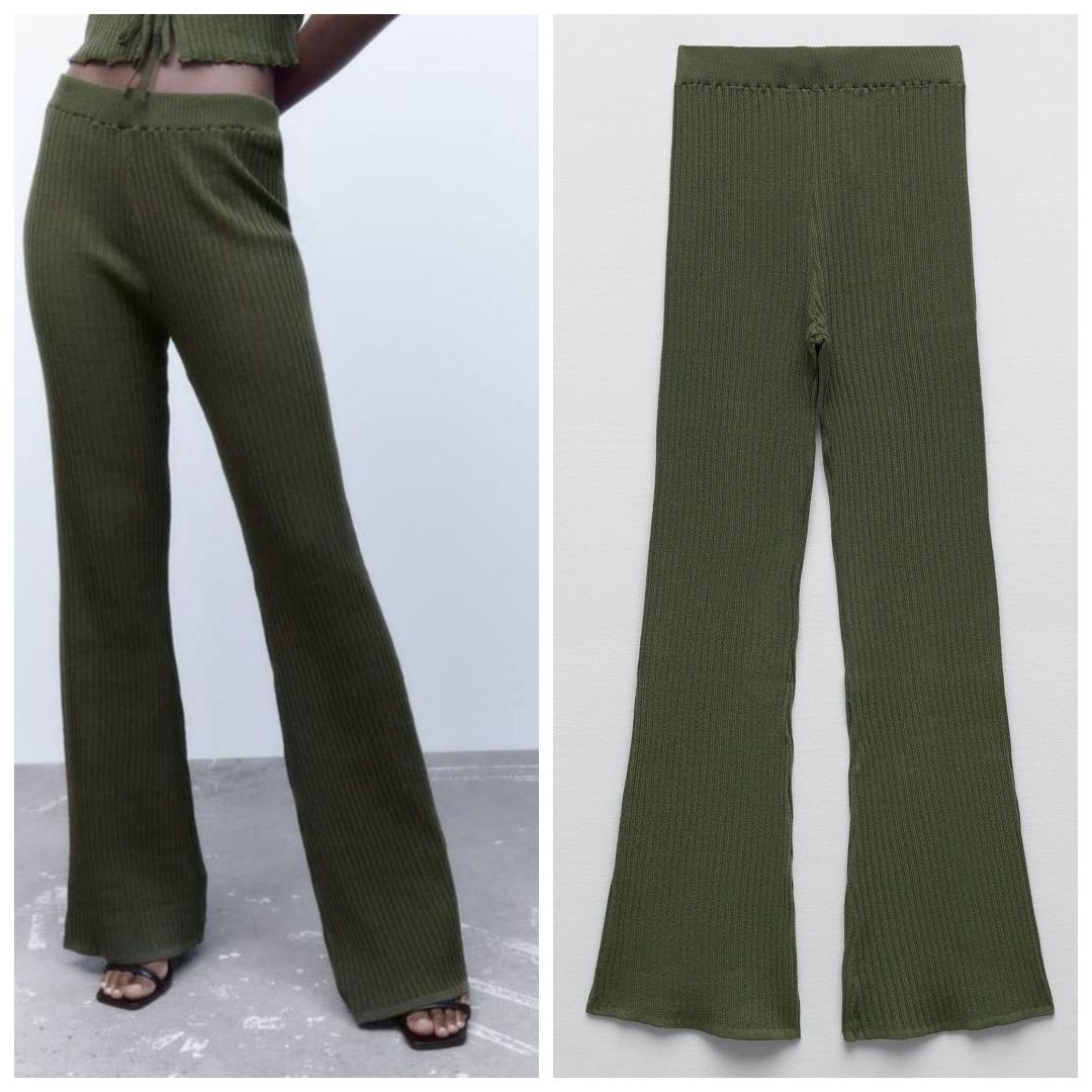 ZARA S dzianinowe spodnie flare w prążki w kolorze khaki