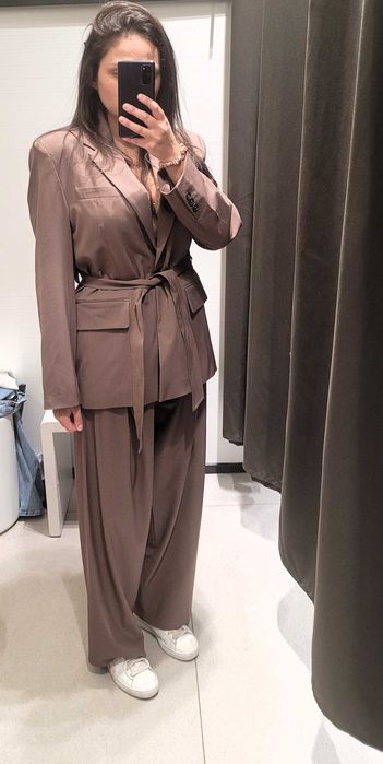 brązowa norkowa marynarka z wiązaniem paskiem Zara M 38 L 40