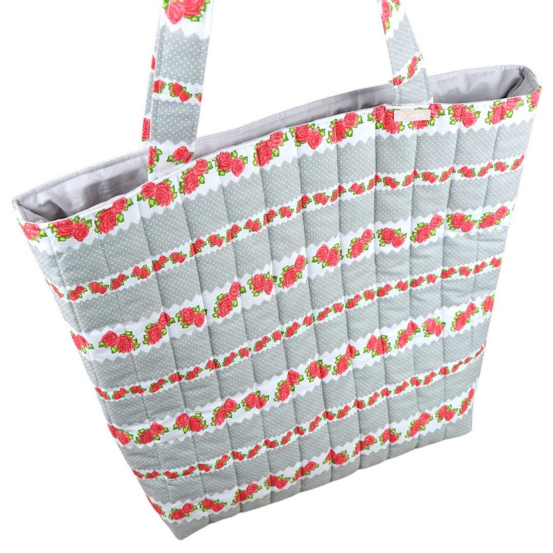 Pikowana szara torebka shopperka 100% bawełna w czerwone róże TOTE BAG