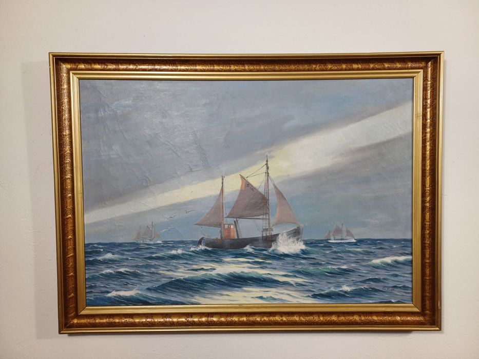 Stary obraz na płótnie sygnowany statek marynistyka